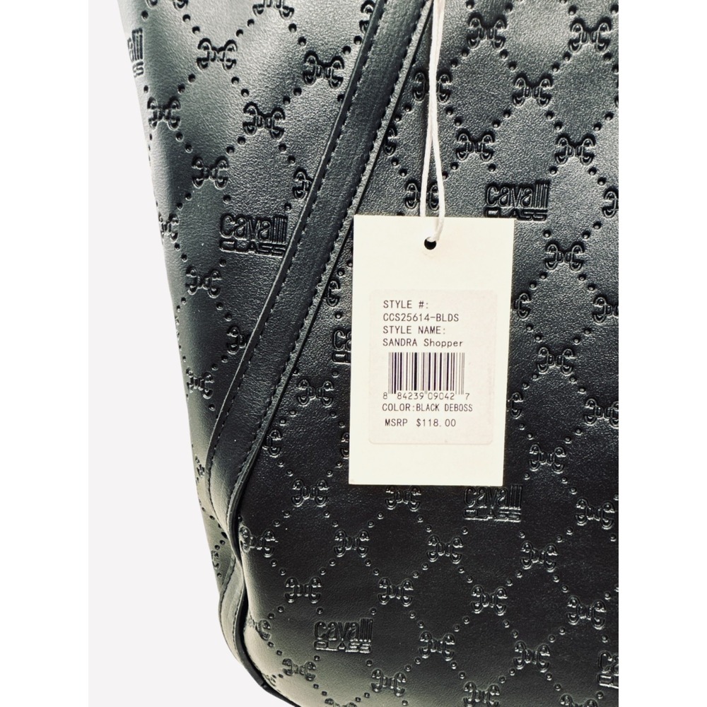 Cavalli Class Sandra Shopper Tote Bag‎ Black Debossed Elegant Designer Handbag - Picture 3 of 6